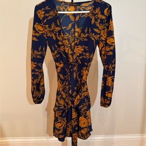 Silky Navy Floral Wrap Dress with Mustard Print